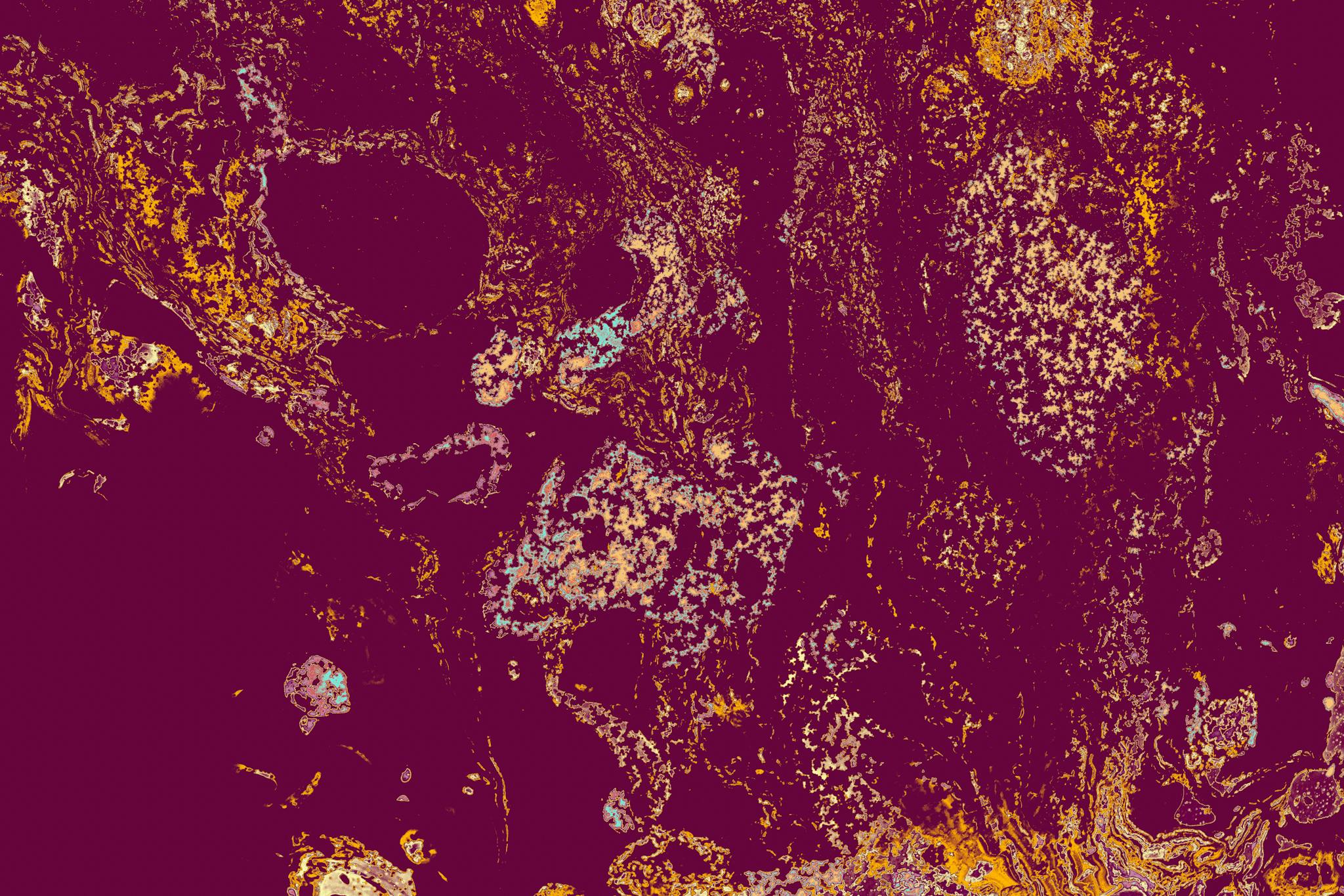 Dynamic marbled abstract art with rich purple and yellow swirls creating a mesmerizing pattern.